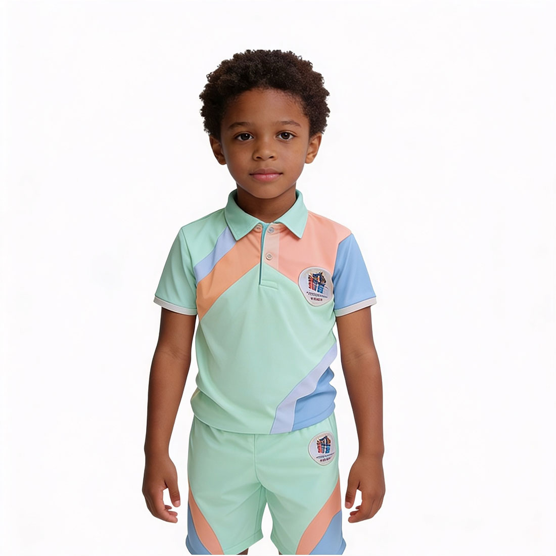 Kids Mint Pastel Preschool Uniform Set – Abstract Colour Block Polo and Shorts