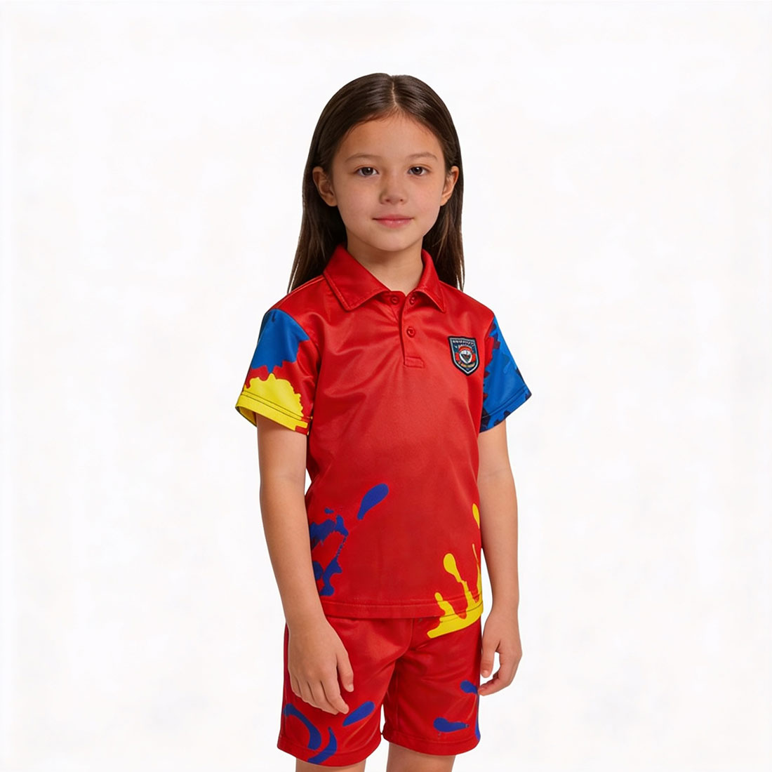 Kids Red Preschool Printed Uniform Set – Colour Splash Polo Shirt and Matching Shorts