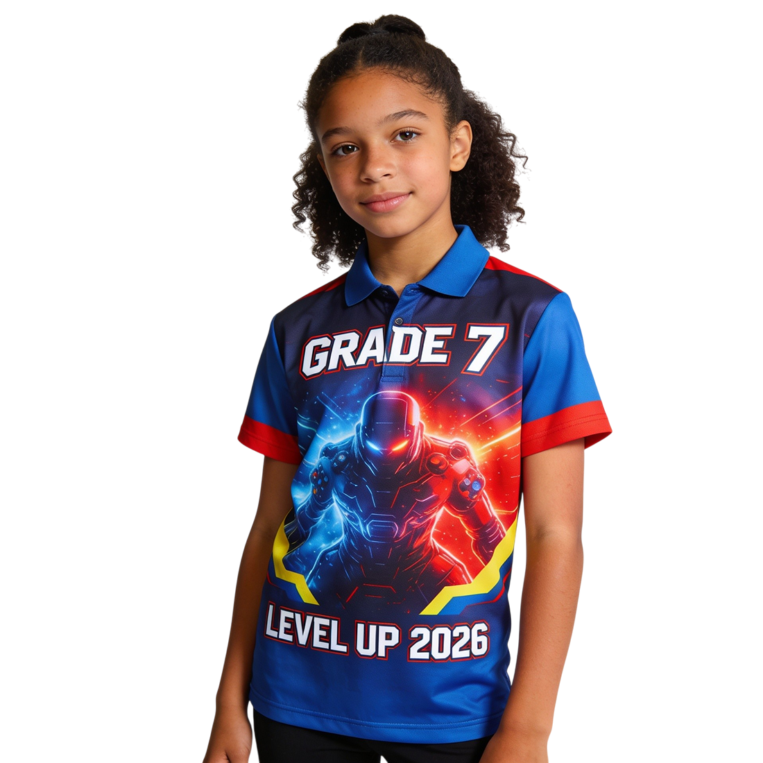 Grade 7 Level Up 2026 Blue Graphic Polo Shirt