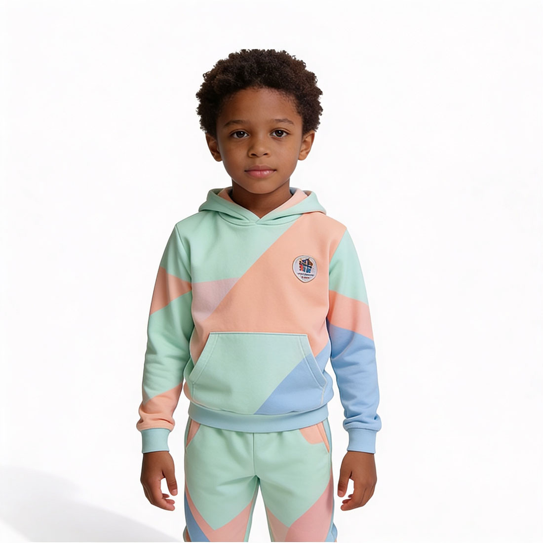Kids Pastel Color Block Hoodie Tracksuit Set